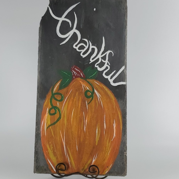 HAND PAINTED Pumpkin "Thankful" Design on Slate - Picture 2 of 10